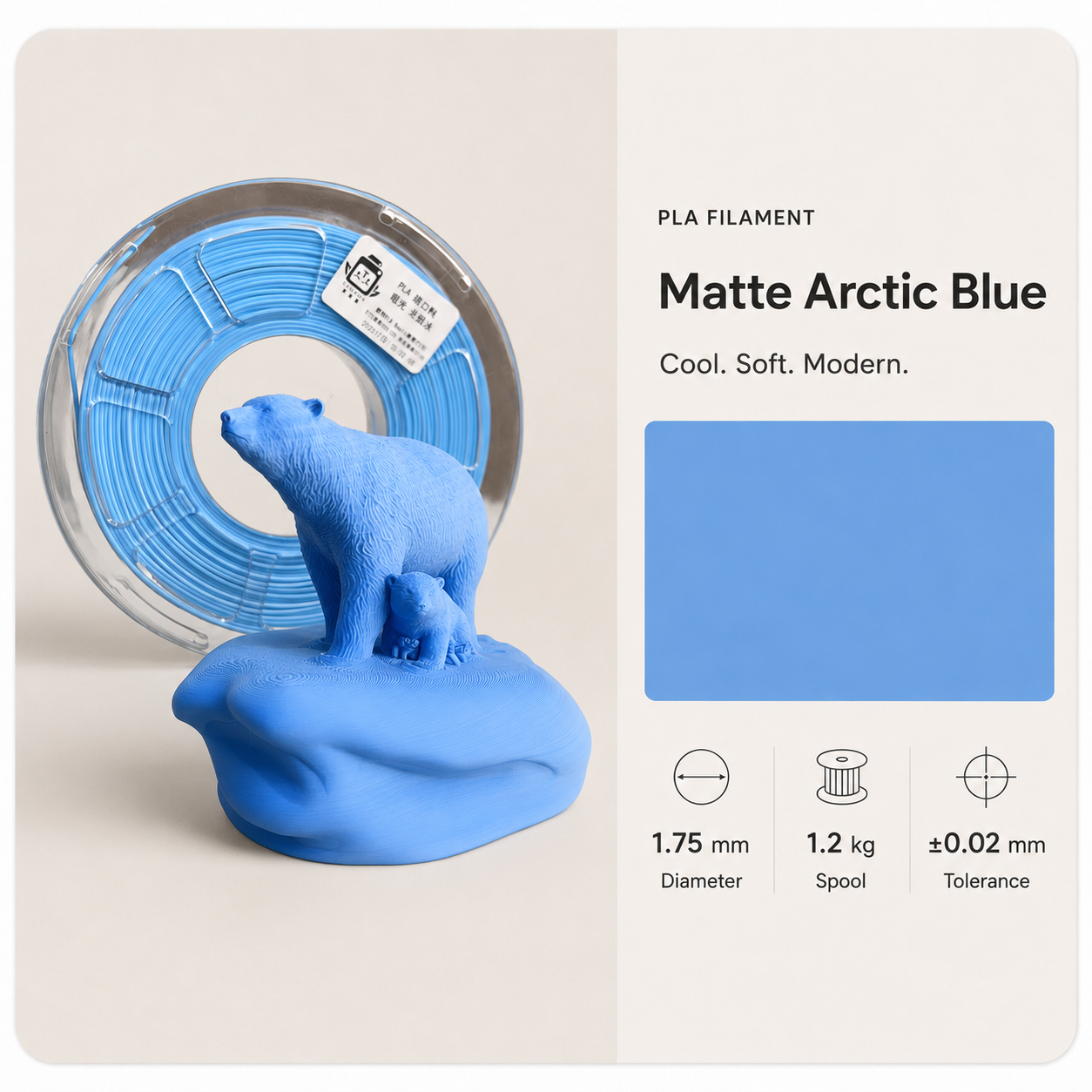 Arctic_Blue_PLA_Filament_and_Polar_Bears.png Standard PLA 3D Filament 1.75mm - Matte Finish (1KG)