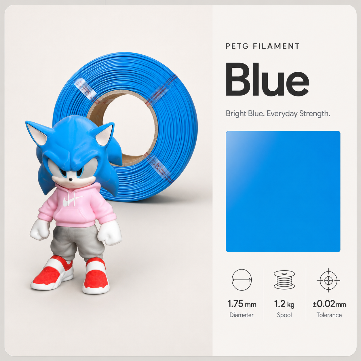 Blue_PETG_coil_with_printed_hero.png Everyday Essential PETG 3D Filament 1.75mm - Classic Finish (1KG) - Image 2