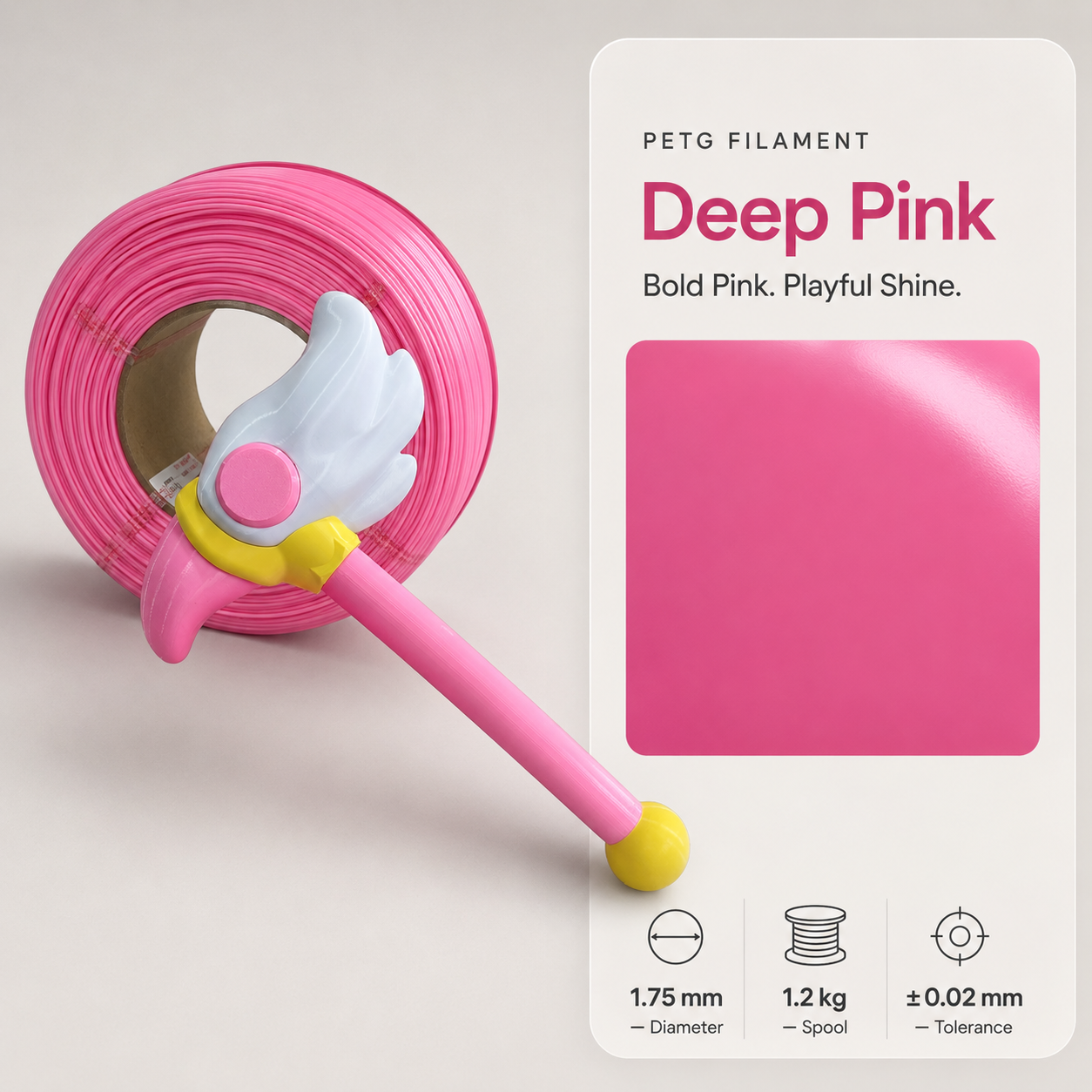 Deep_Pink_PETG_Filament_and_Wand.png Everyday Essential PETG 3D Filament 1.75mm - Classic Finish (1KG) - Image 3