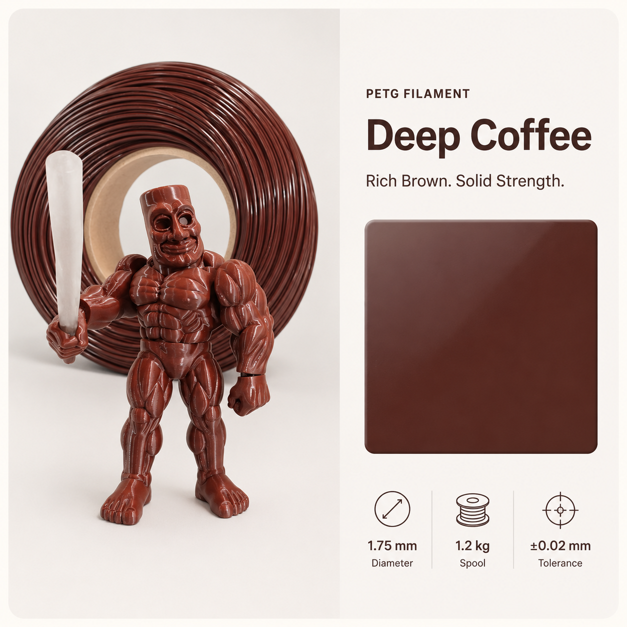 Deep_coffee_PETG_filament_showcase.png Everyday Essential PETG 3D Filament 1.75mm - Classic Finish (1KG) - Image 6