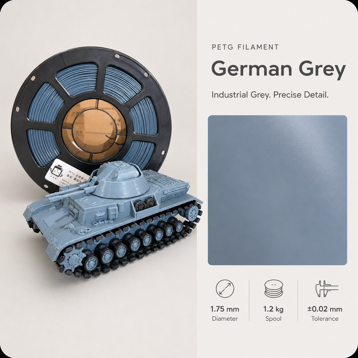 German_Grey_PETG_Filament_Tank_Showcase.png Everyday Essential PETG 3D Filament 1.75mm - Classic Finish (1KG) - Image 8