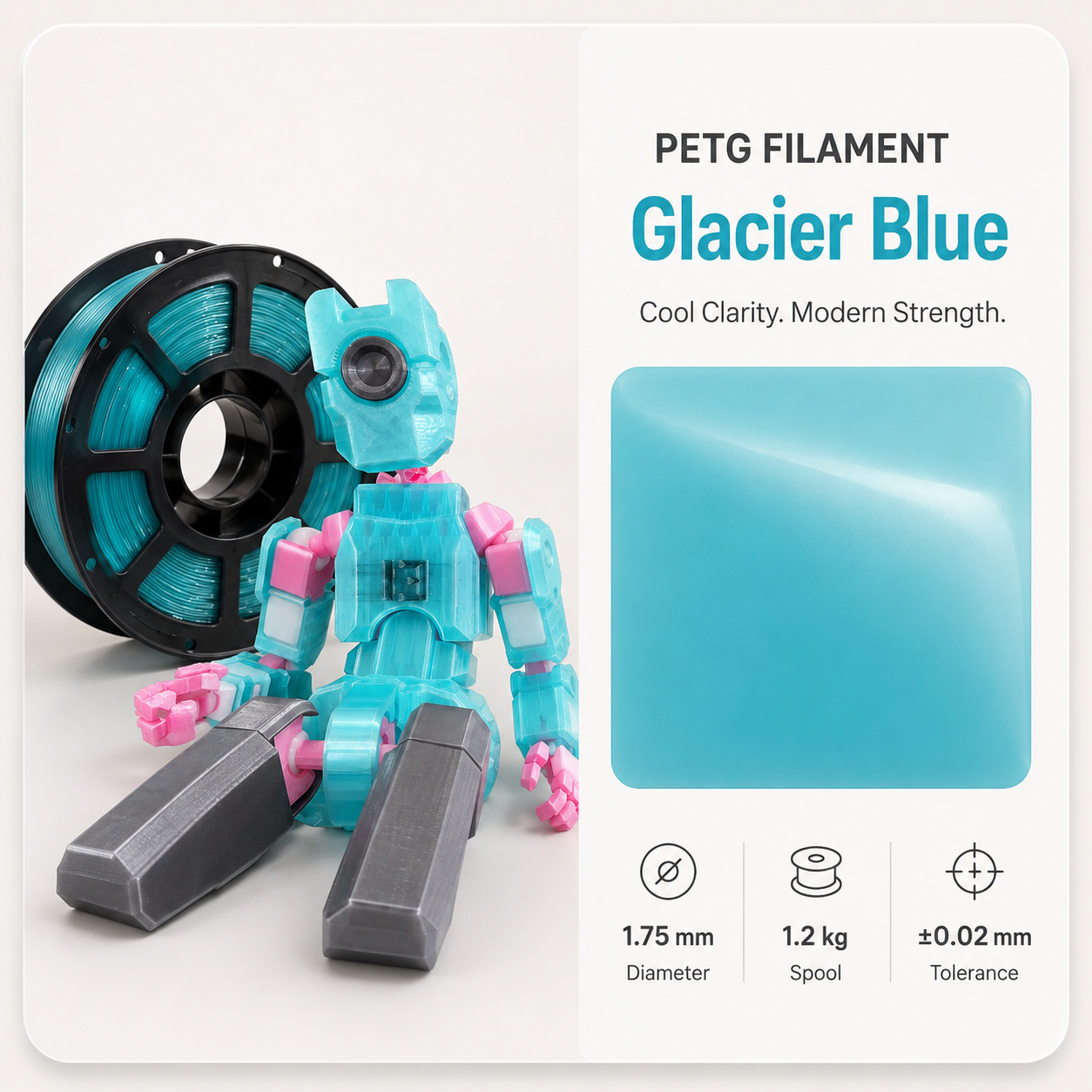 Glacier_Blue_PETG_Robot_Filament.png Premium PETG 3D Filament 1.75mm - Silk Finish (1KG) - Image 2