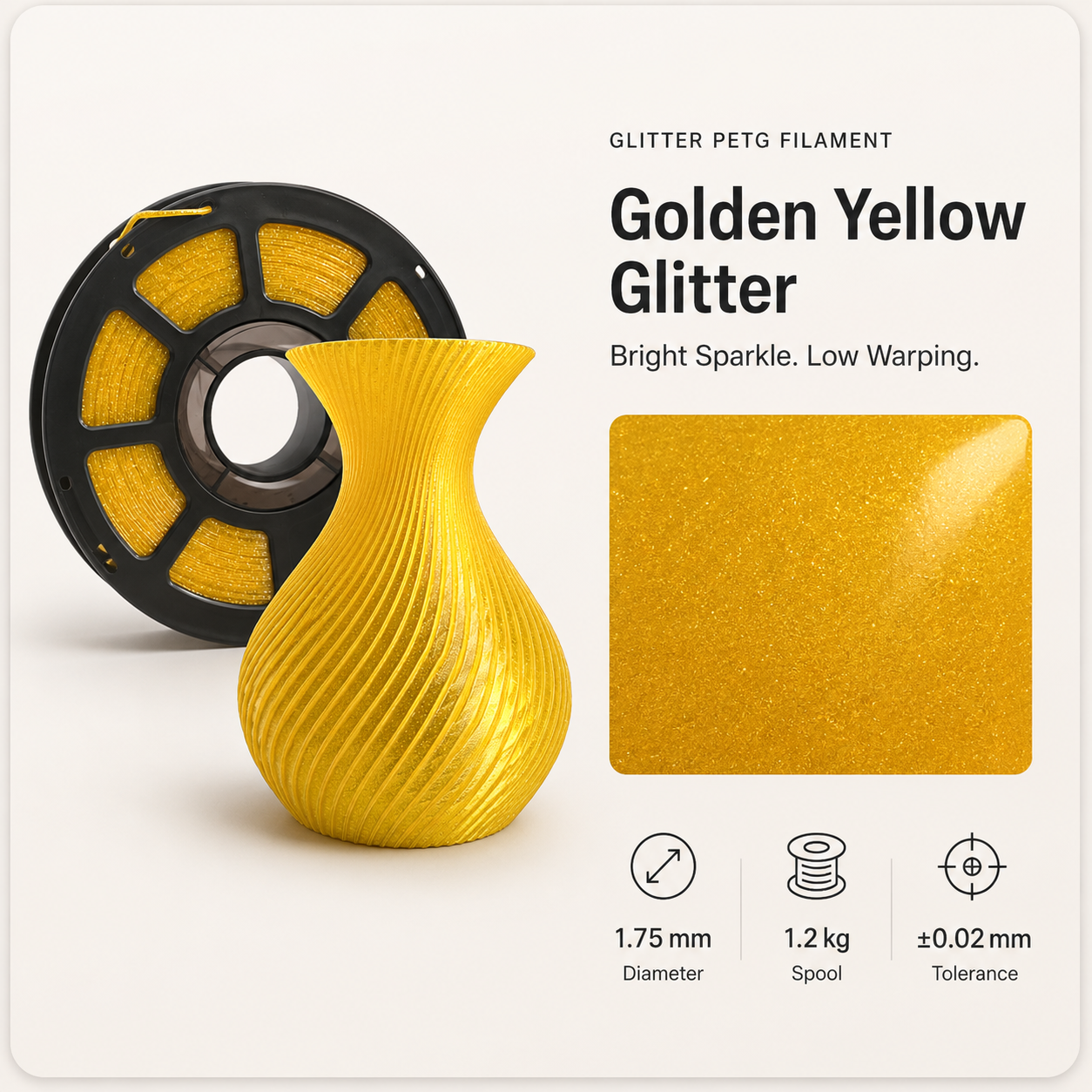 Golden_glitter_filament_and_twisted_vase-1.png Premium PETG 3D Filament 1.75mm - Glitter Finish (1KG) - Image 2