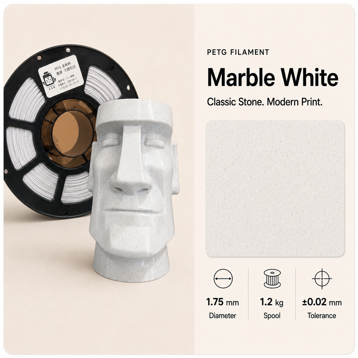 Marble_White_PETG_Stone_Bust.png Everyday Essential PETG 3D Filament 1.75mm - Classic Finish (1KG) - Image 13