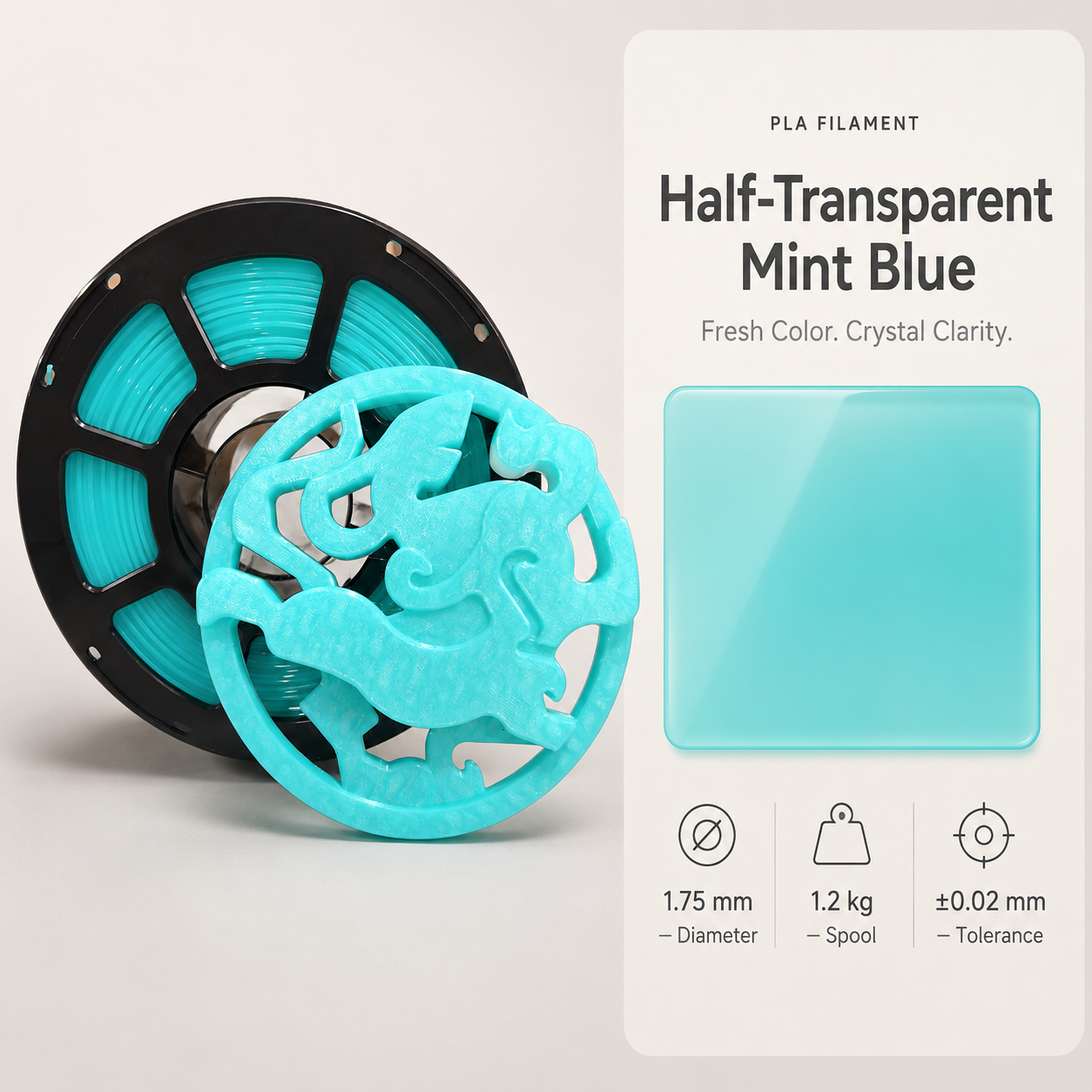 Mint-blue_filament_spool_and_sample.png Premium PLA 3D Filament 1.75mm - Crystal Finish (1KG)
