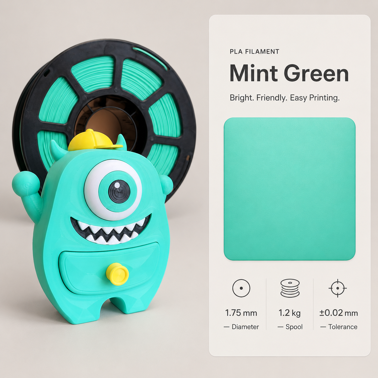 Mint_Green_PLA_Filament_Monster_Sample.png Everyday Essential PLA 3D Filament | Classic Finish | 1KG - Image 2