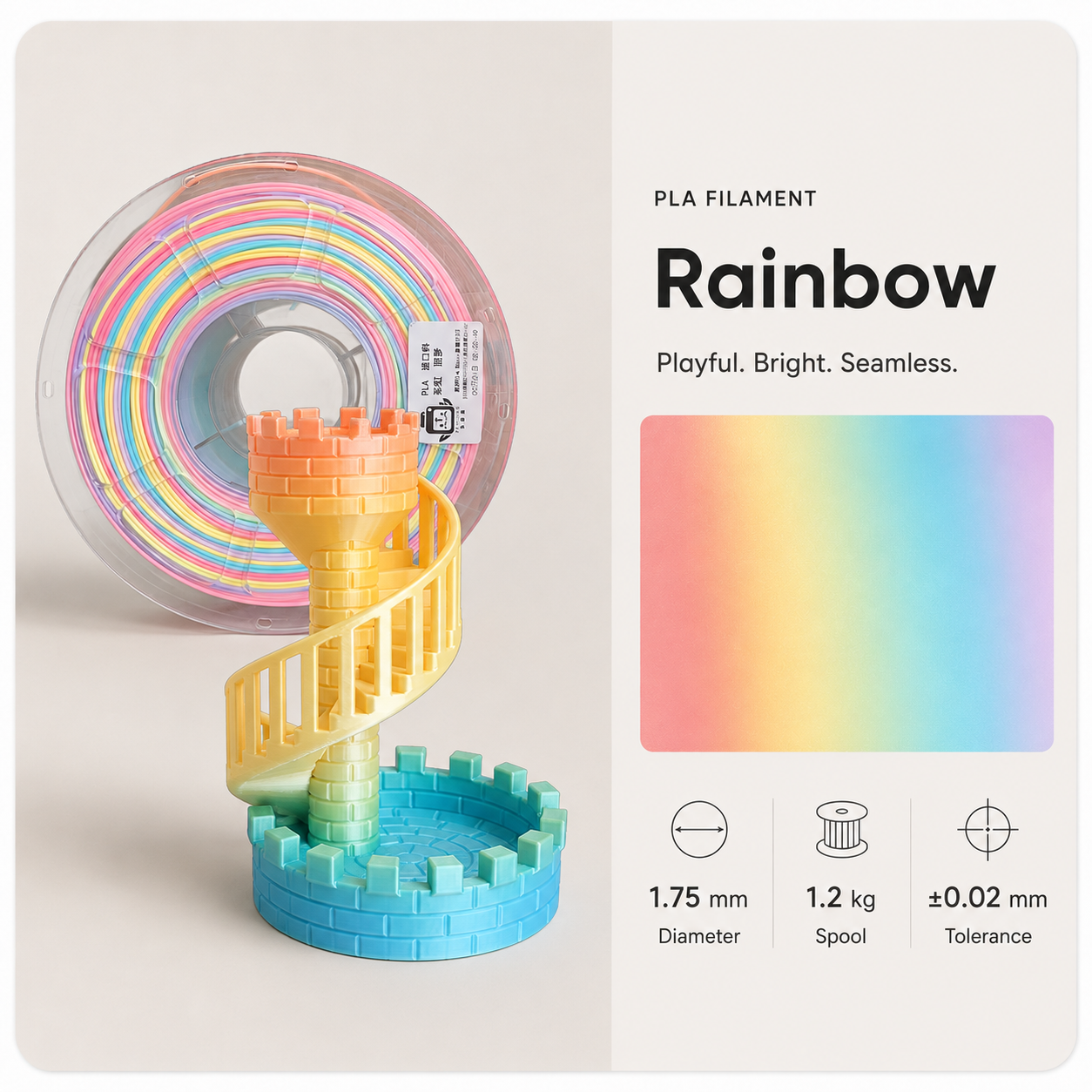Pastel_Rainbow_PLA_Castle_Sample-1.png Premium PLA 3D Filament 1.75mm - Dual-Color Finish (1KG) - Image 6
