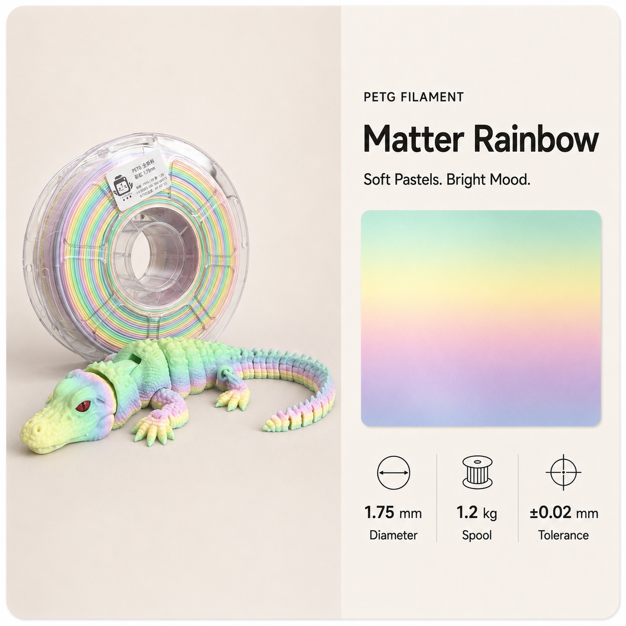 Pastel_rainbow_PETG_crocodile.png Premium PETG 3D Filament 1.75mm - Dual-Color Finish (1KG)