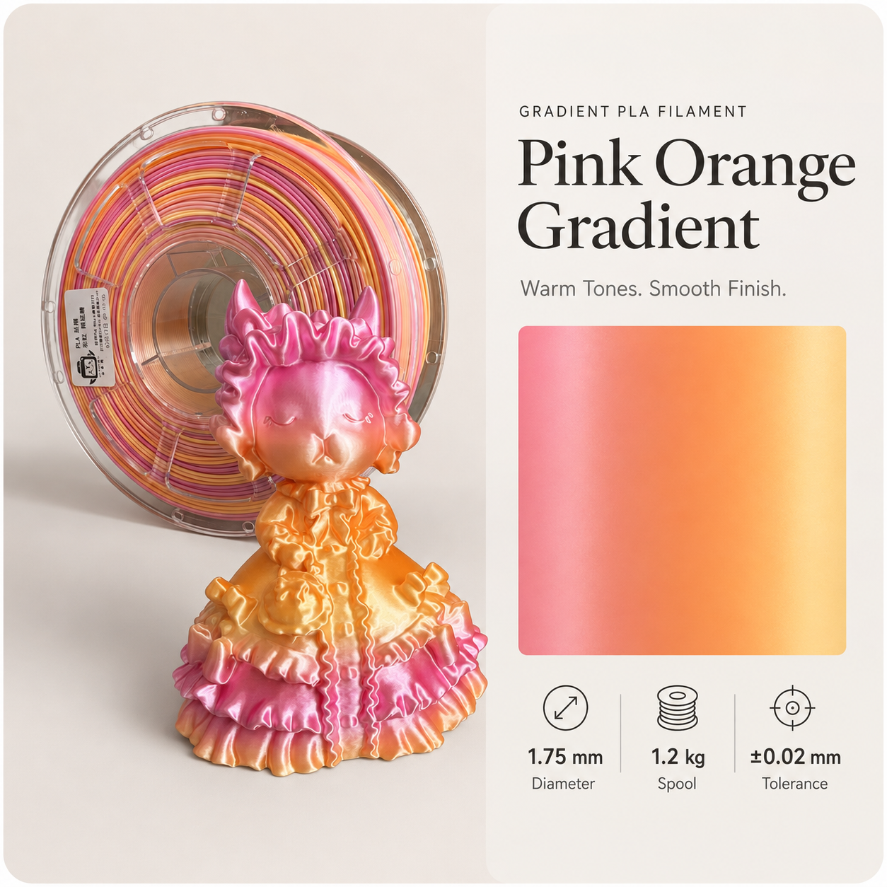 Pink_Orange_Gradient_Filament_Doll_Display.png Premium PLA 3D Filament 1.75mm - Dual-Color Finish (1KG) - Image 8