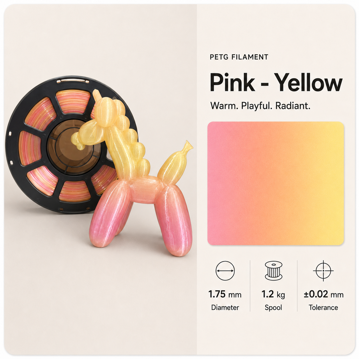Pink_Yellow_PETG_balloon_animal_sample.png Premium PETG 3D Filament 1.75mm - Dual-Color Finish (1KG) - Image 8