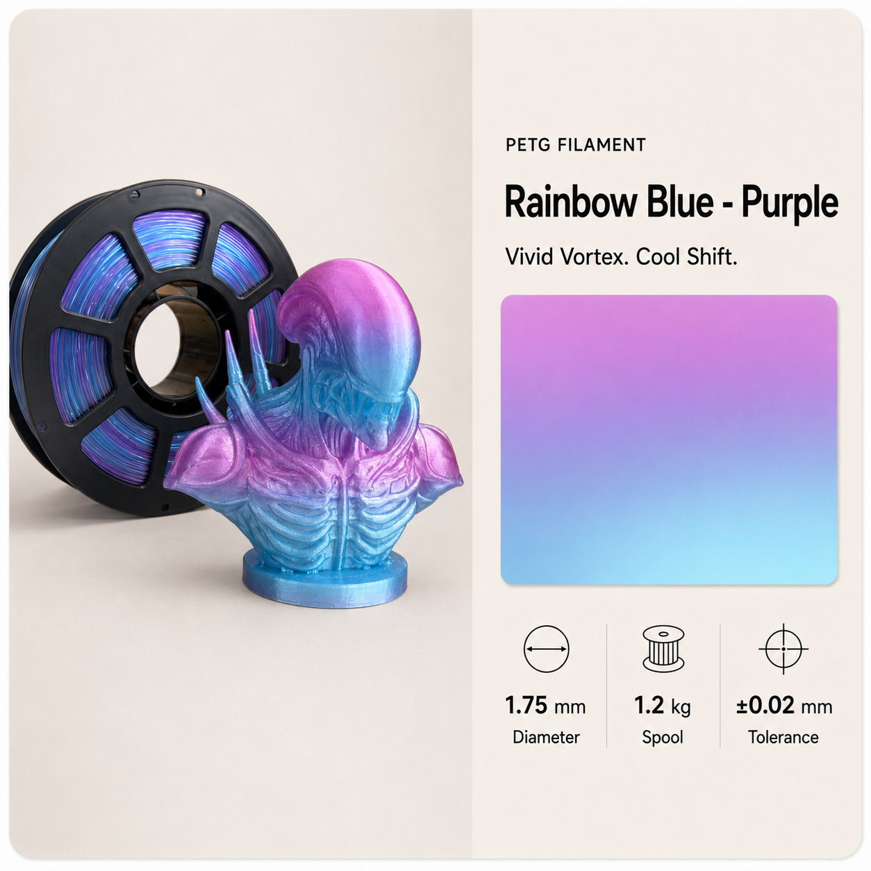 Rainbow_PETG_Alien_Bust_Showcase.png Premium PETG 3D Filament 1.75mm - Dual-Color Finish (1KG) - Image 10