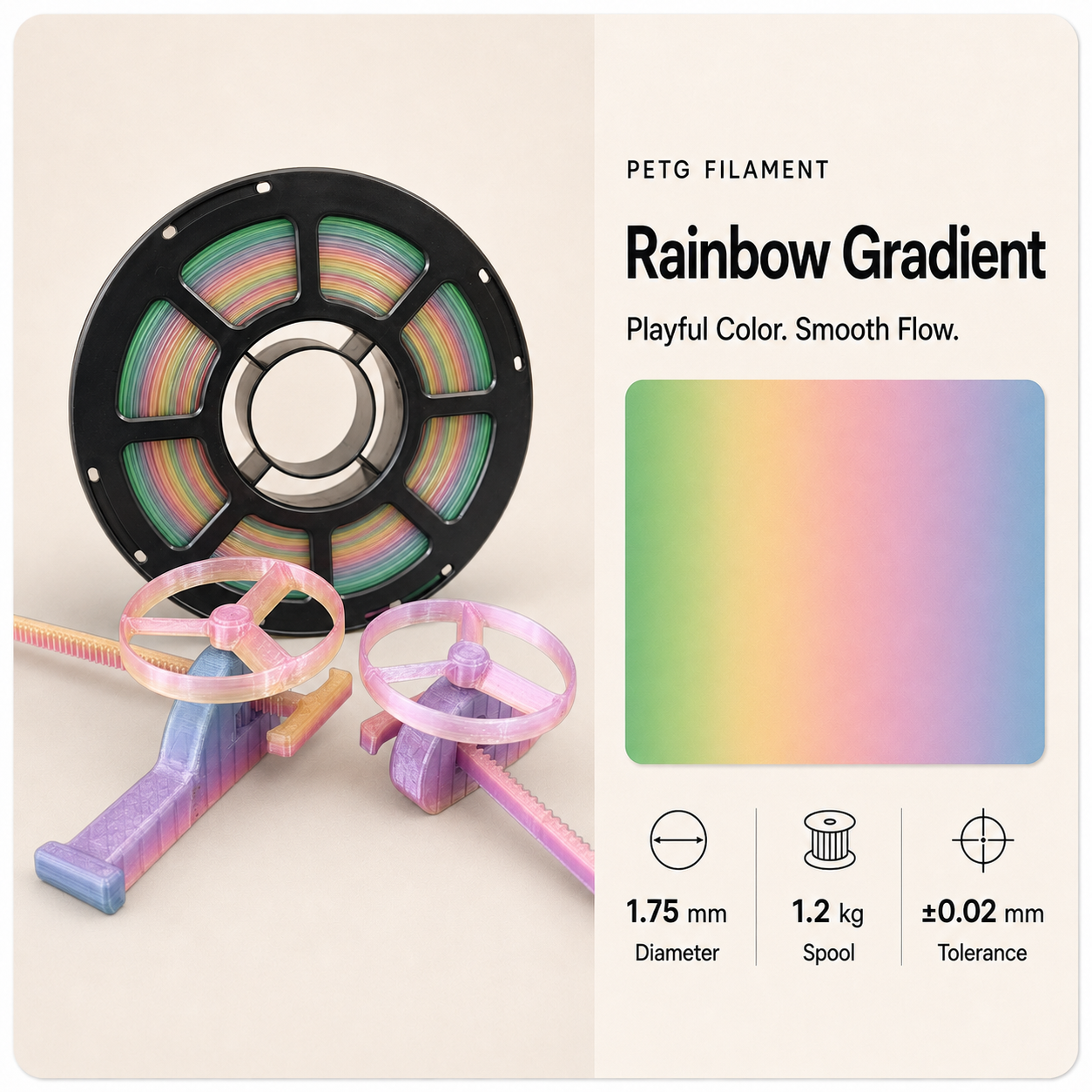 Rainbow_PETG_Filament_and_Rotor_Models.png Premium PETG 3D Filament 1.75mm - Dual-Color Finish (1KG) - Image 5