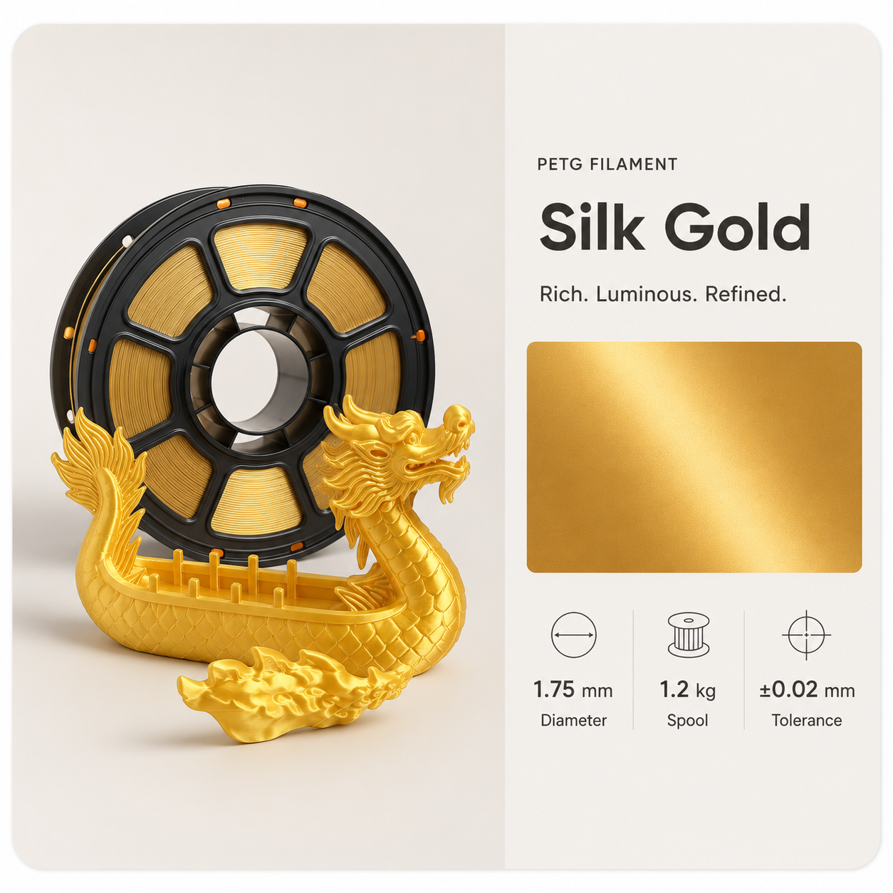 Silk_Gold_PETG_filament_with_dragon-boat_sample.png Premium PETG 3D Filament 1.75mm - Silk Finish (1KG) - Image 5