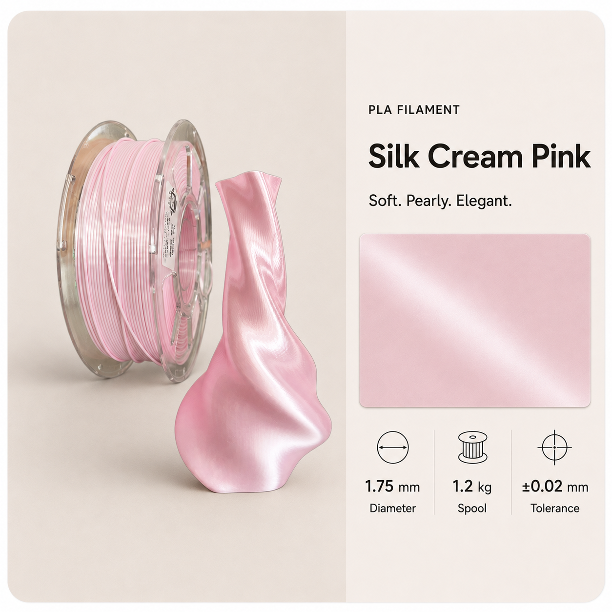 Silk_cream_pink_PLA_filament_showcase.png Premium PLA 3D Filament 1.75mm - Silk Finish (1KG) - Image 2