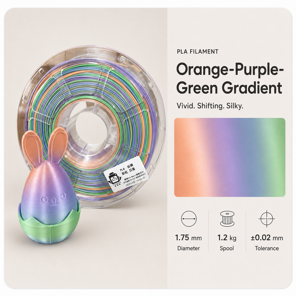 Silky_gradient_filament_and_bunny_sample.png Premium PLA 3D Filament 1.75mm - Dual-Color Finish (1KG) - Image 3