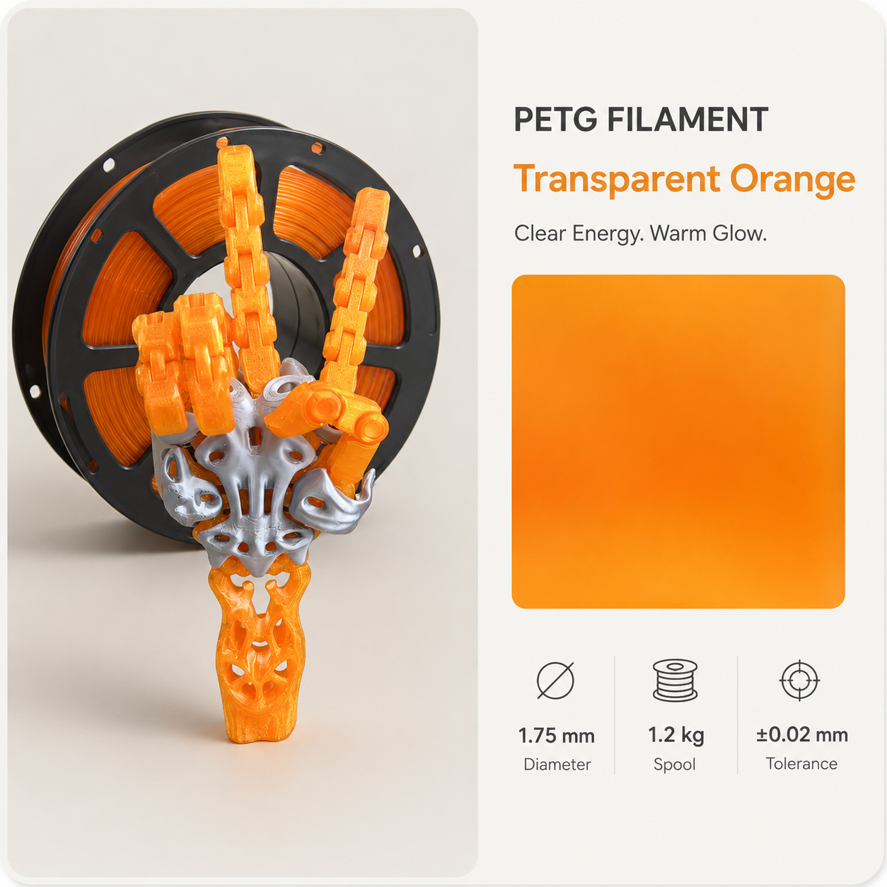 Transparent_orange_PETG_filament_showcase.png Premium PETG 3D Filament 1.75mm - Silk Finish (1KG) - Image 7