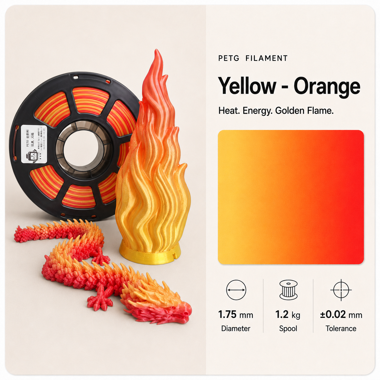 Yellow-orange_PETG_flame_and_dragon.png Premium PETG 3D Filament 1.75mm - Dual-Color Finish (1KG) - Image 11
